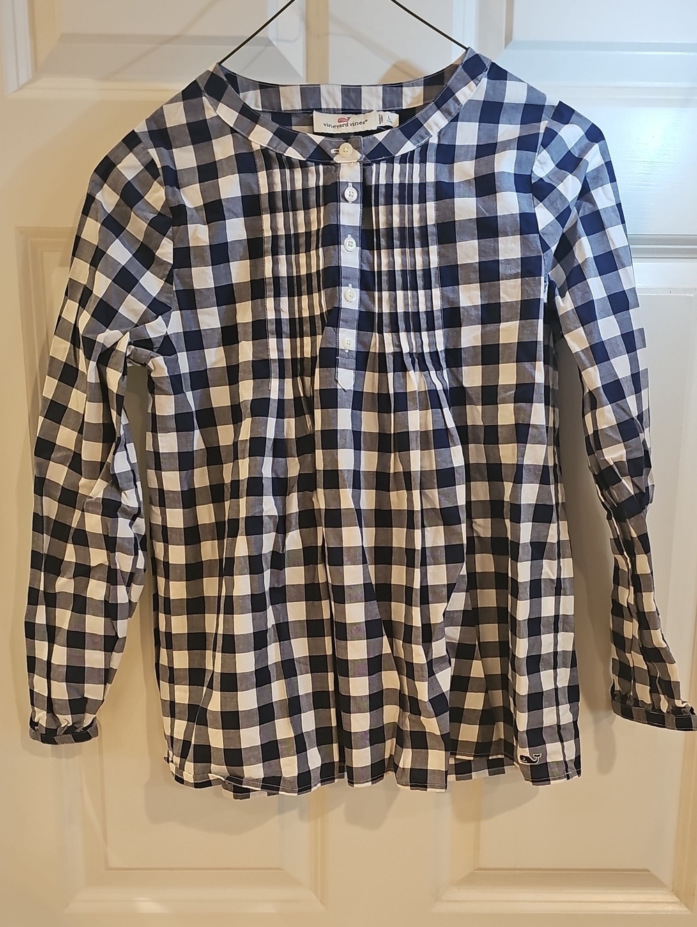 Vineyard Vines Girls Navy/royal Blue & White Gingham Button-Pleat Blouse 14